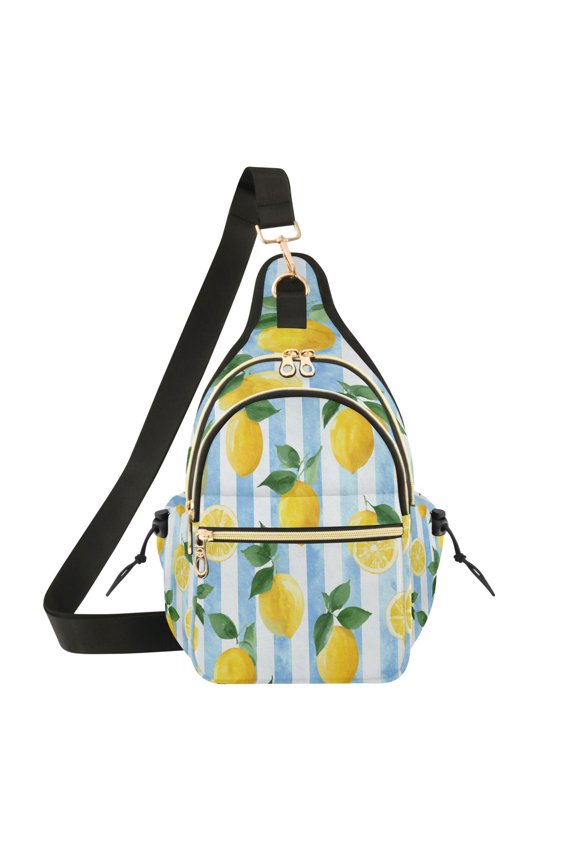 Crossbody Sling Chest Bag, Water-Resistant Polyester Shoulder Bag with Multi Compartment, Adjustable Strap Casual Daypack for Travel Commute Daily Use Sunny Lemon Summer Stripes