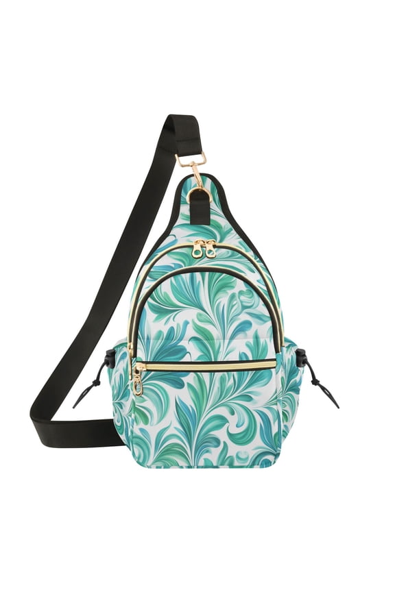 Crossbody Sling Chest Bag, Water-Resistant Polyester Shoulder Bag with Multi Compartment, Adjustable Strap Casual Daypack for Travel Commute Daily Use Teal Swirl Damask Pattern