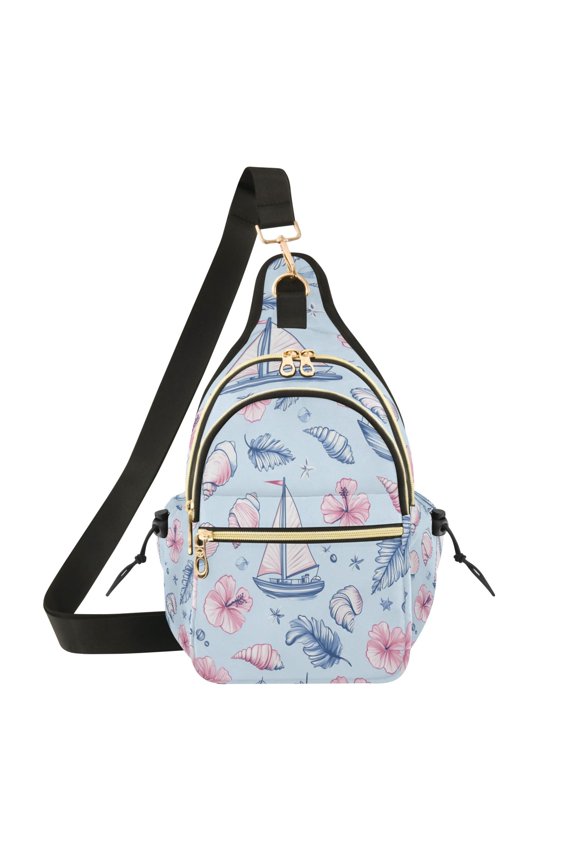 Crossbody Sling Chest Bag, Water-Resistant Polyester Shoulder Bag with Multi Compartment, Adjustable Strap Casual Daypack for Travel Commute Daily Use Tropical Shell Sailboat Art