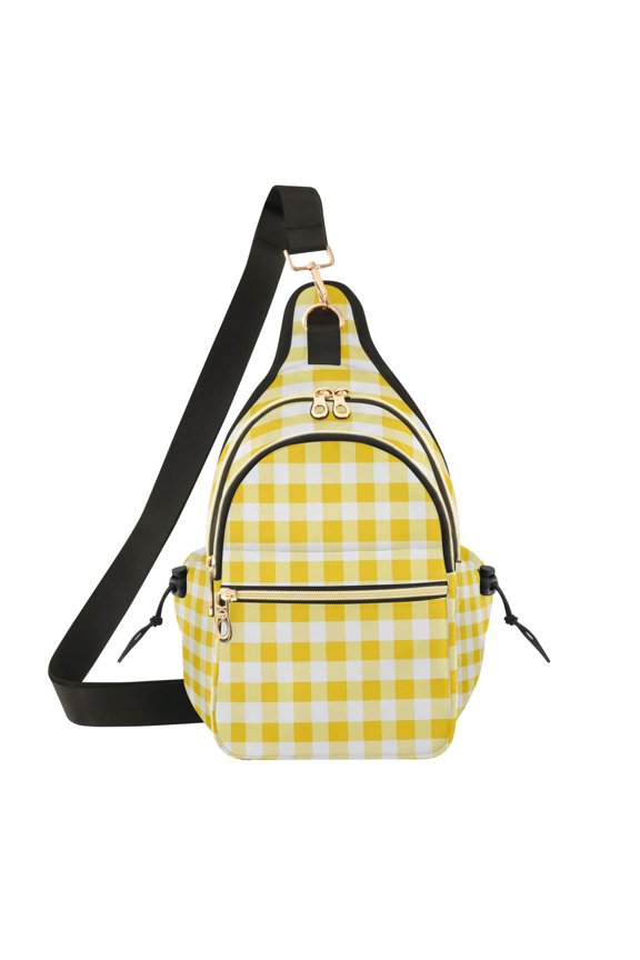 Crossbody Sling Chest Bag, Water-Resistant Polyester Shoulder Bag with Multi Compartment, Adjustable Strap Casual Daypack for Travel Commute Daily Use Yellow Sunny Checkered Print
