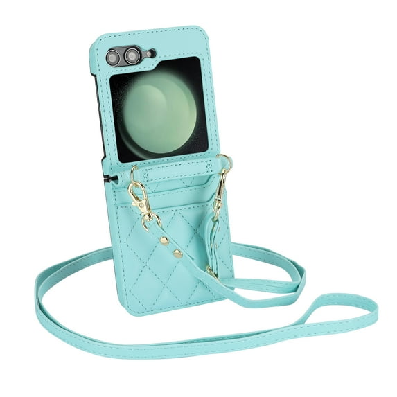 Crossbody Strap Case For For Samsung Galaxy Z Flip5 Case, Wallet Card Holder Protection case,Shoulder Strap Leather case,Anti-Loss and Anti-Shock,Phone case For Samsung Galaxy Z Flip5, Green