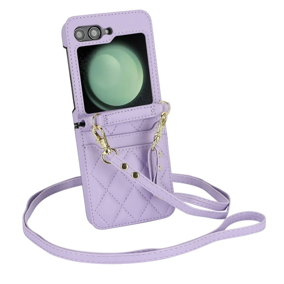 Crossbody Strap Case For For Samsung Galaxy Z Flip5 Case, Wallet Card Holder Protection case,Shoulder Strap Leather case,Anti-Loss and Anti-Shock,Phone case For Samsung Galaxy Z Flip5, Purple