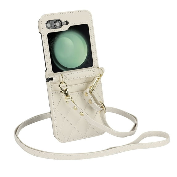 Crossbody Strap Case For For Samsung Galaxy Z Flip5 Case, Wallet Card Holder Protection case,Shoulder Strap Leather case,Anti-Loss and Anti-Shock,Phone case For Samsung Galaxy Z Flip5, White