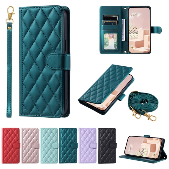 Crossbody Strap Case for Samsung Galaxy Note 9 Wallet PU Leather Elegant Diamond Patterned Credit Card Holder Full Body with Wrist Lanyard Strap Soft TPU Bumper Magnetic Closure Phone Cover,Green