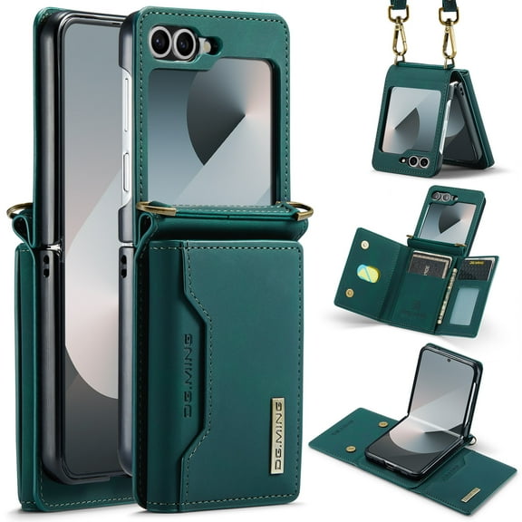 Crossbody Strap Case for Samsung Galaxy Z Flip 6 5G,Premium PU Leather Magnetic Detachable 2-In-1 Card Pocket Back Flip ID Credit Card Slots Kickstand Shockproof Business Slim Phone Case,Green