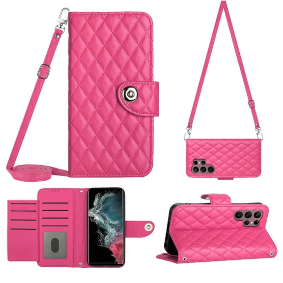 Crossbody Strap Case for Samsung S22 Ultra Wallet case Women Girls 【RFID Blocking】for Samsung Galaxy S22 Ultra, Crossbody Phone case Magnetic Closure Flip Cover Credit Card Holder Kickstand, Rose