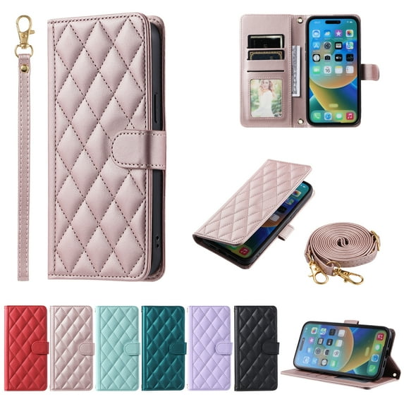 Crossbody Strap Case for iPhone 11 Pro Max Wallet PU Leather Elegant Diamond Patterned Credit Card Holder Full Body with Wrist Lanyard Strap Soft TPU Bumper Magnetic Closure Phone Cover,Rosegold