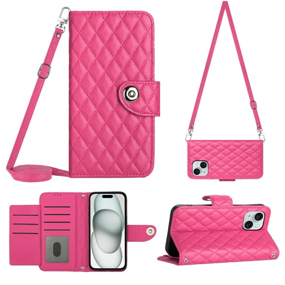 Crossbody Strap Case for iPhone 13 Wallet case Women Girls 【RFID Blocking】For iPhone 13, Crossbody Phone case Magnetic Closure Flip Cover Credit Card Holder Kickstand, Rose