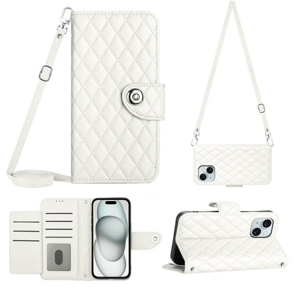 Crossbody Strap Case for iPhone 15 Wallet case Women Girls 【RFID Blocking】For iPhone 15, Crossbody Phone case Magnetic Closure Flip Cover Credit Card Holder Kickstand, White