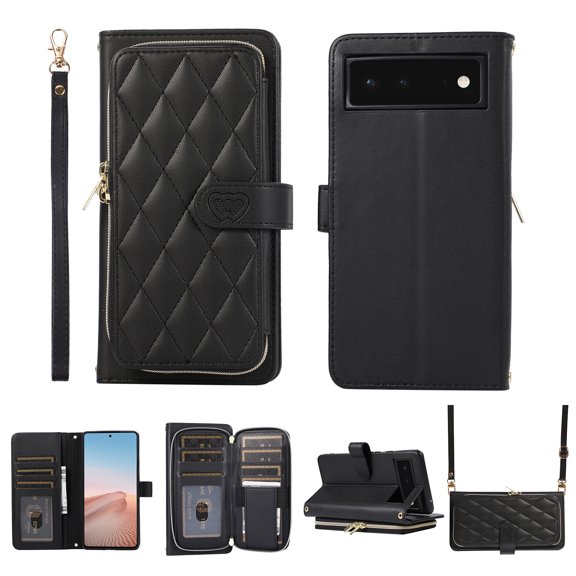 Crossbody Strap & Lanyard for Google Pixel 6 Case Wallet, with 10-Card Holder & 1 Bills Slot Soft PU Leather Magnetic Flip Folio Heavy Duty Protection Case for Google Pixel 6, Black