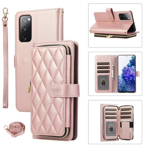 Crossbody Strap & Lanyard for Samsung Galaxy S20 Case Wallet, with 10-Card Holder & 1 Bills Slot Soft PU Leather Magnetic Flip Folio Heavy Duty Protection Case for Galaxy S20, Rosegold