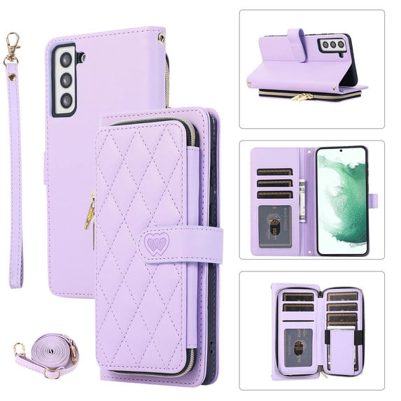 Crossbody Strap & Lanyard for Samsung Galaxy S21 Case Wallet, with 10-Card Holder & 1 Bills Slot Soft PU Leather Magnetic Flip Folio Heavy Duty Protection Case for Galaxy S21, Purple