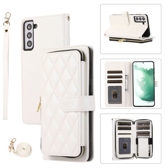 Crossbody Strap & Lanyard for Samsung Galaxy S21 Plus Case Wallet, with 10-Card Holder & 1 Bills Slot Soft PU Leather Magnetic Flip Folio Heavy Duty Protection Case for Galaxy S21 Plus, White