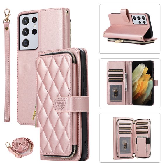 Crossbody Strap & Lanyard for Samsung Galaxy S21 Ultra Case Wallet, with 10-Card Holder & 1 Bills Slot Soft PU Leather Magnetic Flip Folio Heavy Duty Protection Case for Galaxy S21 Ultra, Rosegold