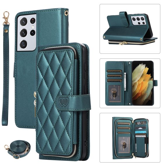 Crossbody Strap & Lanyard for Samsung Galaxy S21 Ultra Case Wallet, with 10-Card Holder & 1 Bills Slot Soft PU Leather Magnetic Flip Folio Heavy Duty Protection Case for Galaxy S21 Ultra, Darkgreen