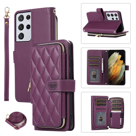 Crossbody Strap & Lanyard for Samsung Galaxy S21 Ultra Case Wallet, with 10-Card Holder & 1 Bills Slot Soft PU Leather Magnetic Flip Folio Heavy Duty Protection Case for Galaxy S21 Ultra, Darkpurple