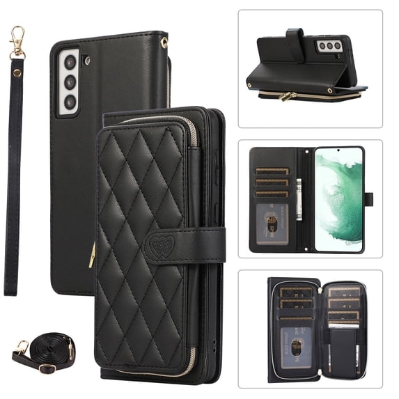 Crossbody Strap & Lanyard for Samsung Galaxy S22 Case Wallet, with 10-Card Holder & 1 Bills Slot Soft PU Leather Magnetic Flip Folio Heavy Duty Protection Case for Galaxy S22, Black