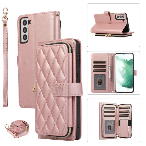Crossbody Strap & Lanyard for Samsung Galaxy S22 Plus Case Wallet, with 10-Card Holder & 1 Bills Slot Soft PU Leather Magnetic Flip Folio Heavy Duty Protection Case for Galaxy S22 Plus, Rosegold