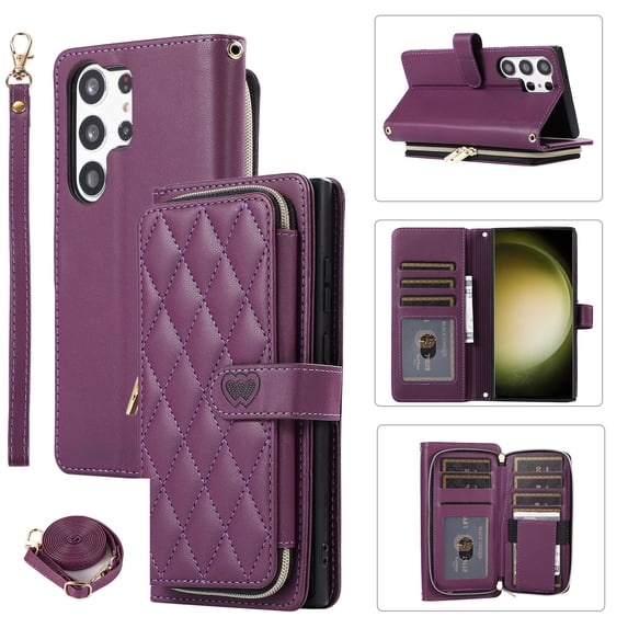 Crossbody Strap & Lanyard for Samsung Galaxy S22 Ultra Case Wallet, with 10-Card Holder & 1 Bills Slot Soft PU Leather Magnetic Flip Folio Heavy Duty Protection Case for Galaxy S22 Ultra, Darkpurple