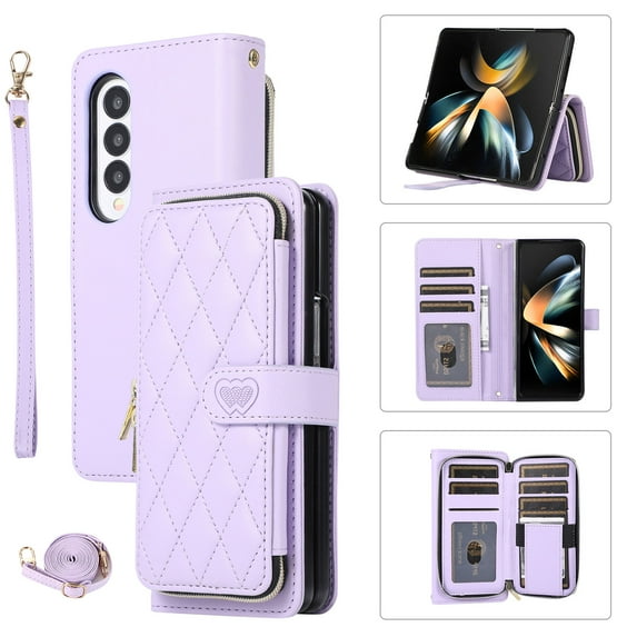 Crossbody Strap & Lanyard for Samsung Galaxy Z Fold 4 5G Case Wallet, with 10-Card Holder & 1 Bills Slot Soft PU Leather Magnetic Flip Folio Heavy Duty Protection Case for Galaxy Z Fold 4, Purple
