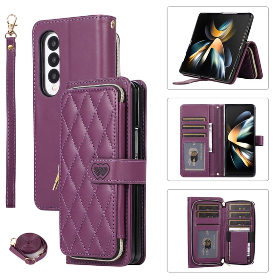 Crossbody Strap & Lanyard for Samsung Galaxy Z Fold 4 5G Case Wallet, with 10-Card Holder & 1 Bills Slot Soft PU Leather Magnetic Flip Folio Heavy Duty Protection Case for Galaxy Z Fold 4, Darkpurple