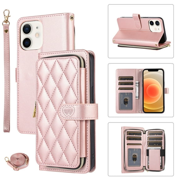 Crossbody Strap & Lanyard for iPhone 11 Case Wallet, with 10-Card Holder & 1 Bills Slot Soft PU Leather Magnetic Flip Folio Heavy Duty Protection Case for iPhone 11, Rosegold