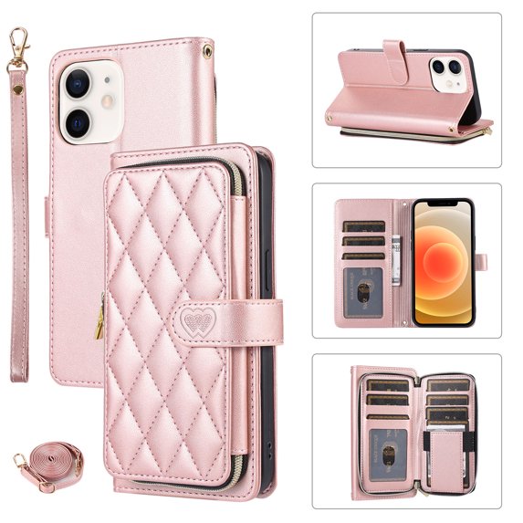 Crossbody Strap & Lanyard for iPhone 11 Case Wallet, with 10-Card Holder & 1 Bills Slot Soft PU Leather Magnetic Flip Folio Heavy Duty Protection Case for iPhone 11, Rosegold