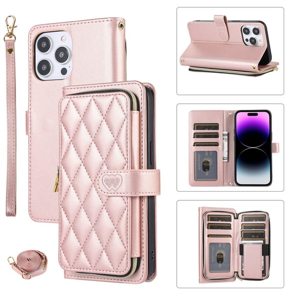 Crossbody Strap & Lanyard for iPhone 13 Pro Case Wallet, with 10-Card Holder & 1 Bills Slot Soft PU Leather Magnetic Flip Folio Heavy Duty Protection Case for iPhone 13 Pro, Rosegold