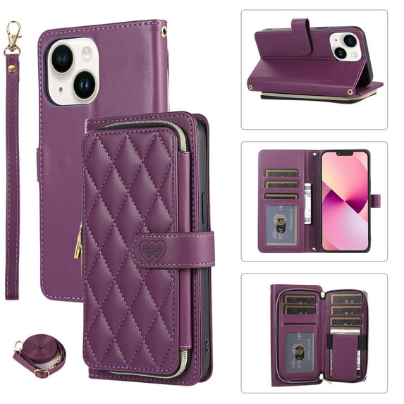 Crossbody Strap & Lanyard for iPhone 14 Case Wallet, with 10-Card Holder & 1 Bills Slot Soft PU Leather Magnetic Flip Folio Heavy Duty Protection Case for iPhone 14, Darkpurple