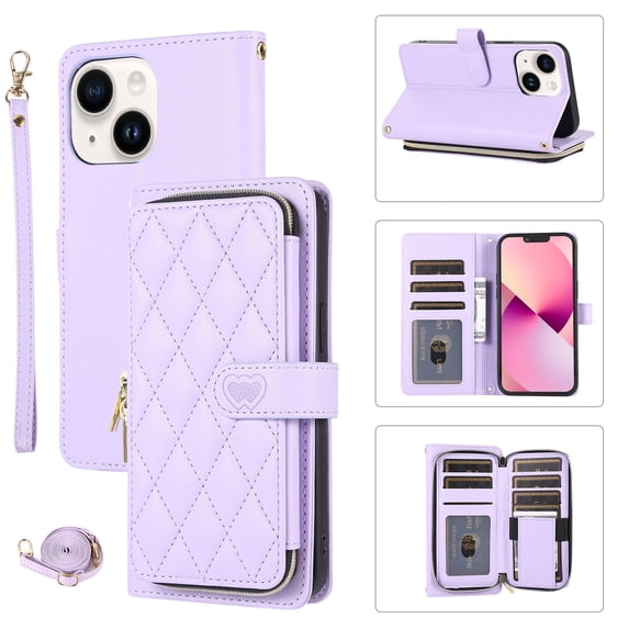 Crossbody Strap & Lanyard for iPhone 15 Case Wallet, with 10-Card Holder & 1 Bills Slot Soft PU Leather Magnetic Flip Folio Heavy Duty Protection Case for iPhone 15, Purple