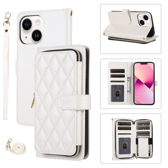 Crossbody Strap & Lanyard for iPhone 15 Case Wallet, with 10-Card Holder & 1 Bills Slot Soft PU Leather Magnetic Flip Folio Heavy Duty Protection Case for iPhone 15, White