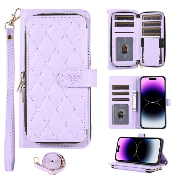 Crossbody Strap & Lanyard for iPhone 16 Plus Case Wallet, with 10-Card Holder & 1 Bills Slot Soft PU Leather Magnetic Flip Folio Heavy Duty Protection Case for iPhone 16 Plus, Purple