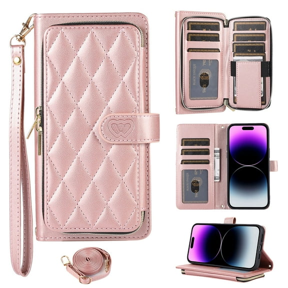 Crossbody Strap & Lanyard for iPhone 16 Plus Case Wallet, with 10-Card Holder & 1 Bills Slot Soft PU Leather Magnetic Flip Folio Heavy Duty Protection Case for iPhone 16 Plus, Rosegold