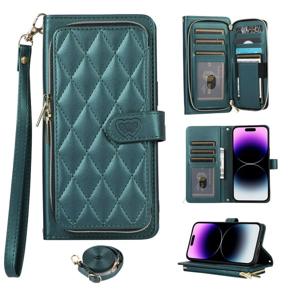 Crossbody Strap & Lanyard for iPhone 16 Plus Case Wallet, with 10-Card Holder & 1 Bills Slot Soft PU Leather Magnetic Flip Folio Heavy Duty Protection Case for iPhone 16 Plus, Darkgreen