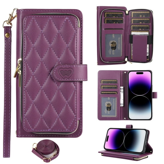Crossbody Strap & Lanyard for iPhone 16 Plus Case Wallet, with 10-Card Holder & 1 Bills Slot Soft PU Leather Magnetic Flip Folio Heavy Duty Protection Case for iPhone 16 Plus, Darkpurple