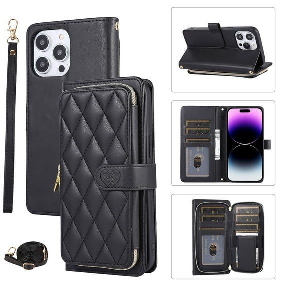 Crossbody Strap & Lanyard for iPhone 16 Pro Max Case Wallet, with 10-Card Holder & 1 Bills Slot Soft PU Leather Magnetic Flip Folio Heavy Duty Protection Case for iPhone 16 Pro Max, Black