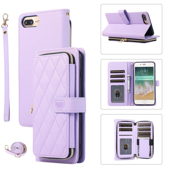 Crossbody Strap & Lanyard for iPhone 7 Plus/8 Plus Case Wallet, with 10-Card Holder & 1 Bills Slot Soft PU Leather Magnetic Flip Folio Heavy Duty Protection Case for iPhone 7 Plus/8 Plus, Purple
