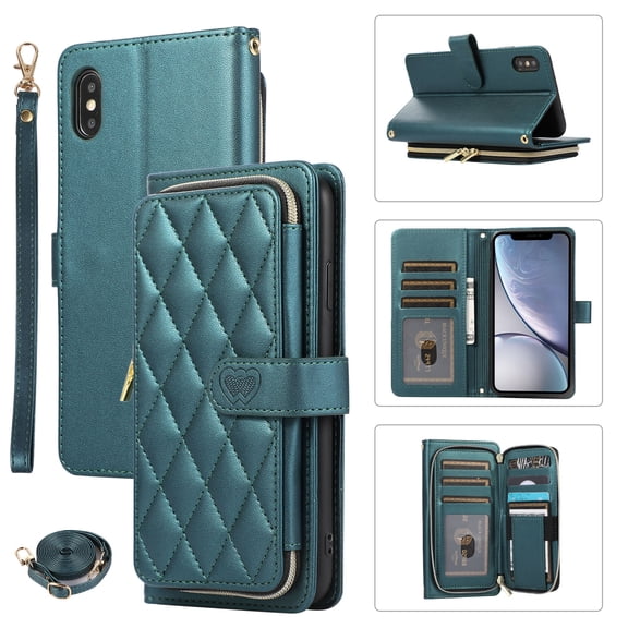 Crossbody Strap & Lanyard for iPhone X/XS Case Wallet, with 10-Card Holder & 1 Bills Slot Soft PU Leather Magnetic Flip Folio Heavy Duty Protection Case for iPhone X/XS, Darkgreen