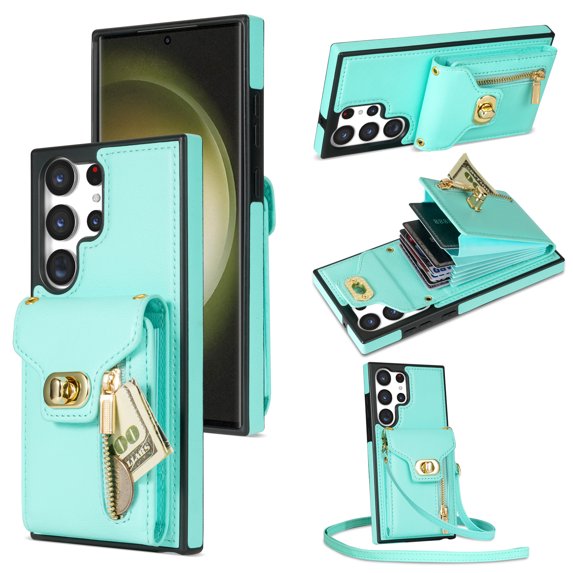 Crossbody Strap for Samsung Galaxy S23 Ultra Wallet Case with Card Holder, Flip PU Leather for Samsung Galaxy S23 Ultra Case Stand Zipper Purse Protective Phone Case for Women Girls - Mint