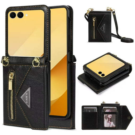 Crossbody Strap for Samsung Galaxy Z Flip 7 Wallet Case with Card Holder, Flip PU Leather for Samsung Galaxy Z Flip 7 Case Stand Zipper Purse Protective Phone Case for Women Girls - Black