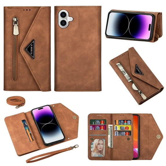 Crossbody Strap Wallet Case For iPhone 16 Plus , Magnetic Book Envelope Design PU Leather Shoulder Strap Hand Wrist Stand Flip Cards Slots Cover with wrist Strap for iPhone 16 Plus,Brown