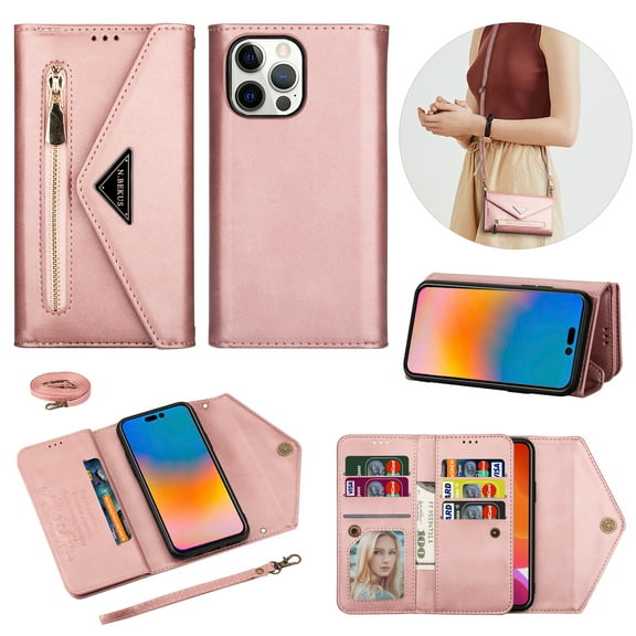 Crossbody Strap Wallet Case For iPhone 16 Pro , Magnetic Book Envelope Design PU Leather Shoulder Strap Hand Wrist Stand Flip Cards Slots Cover with wrist Strap for iPhone 16 Pro,Rosegold