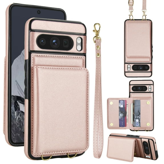 Crossbody Strap Wallet Case for Google Pixel 8 Pro with Card Holder, Luxury PU Leather RFID Blocking Protective Case with Magnetic Back Flip Kickstand Detachable Wrist Lanyard,Rosegold