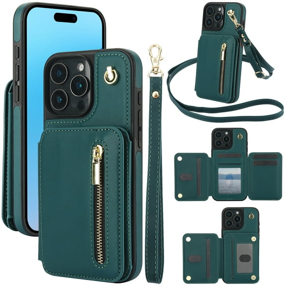Crossbody Strap Wallet Case PU Leather with Card Holder Kickstand Magnetic Closure Flip Zipper Purse Adjustable Shoulder & Wrist Strap Drop Protective Back Case for iPhone 16 Pro - Green