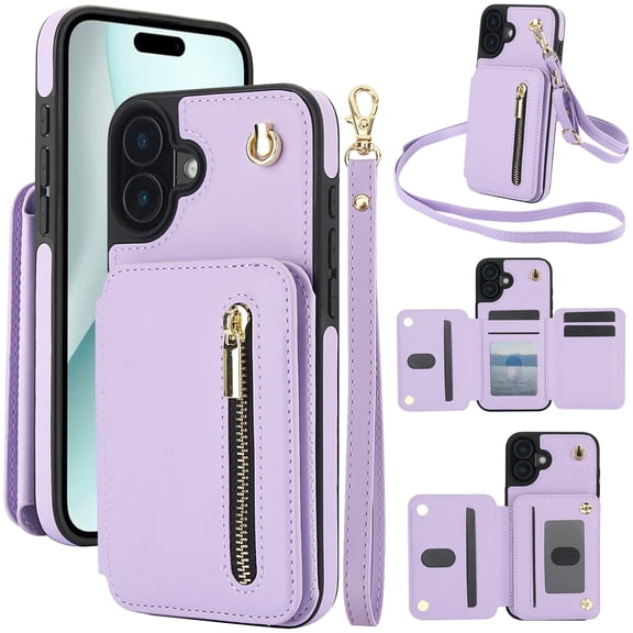 Crossbody Strap Wallet Case PU Leather with Card Holder Kickstand Magnetic Closure Flip Zipper Purse Adjustable Shoulder & Wrist Strap Drop Protective Back Case for iPhone 16 Plus - Lightpurple