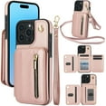 thumbnail image 1 of Crossbody Strap Wallet Case PU Leather with Card Holder Kickstand Magnetic Closure Flip Zipper Purse Adjustable Shoulder & Wrist Strap Drop Protective Back Case for iPhone 16 Pro - Rosegold, 1 of 8