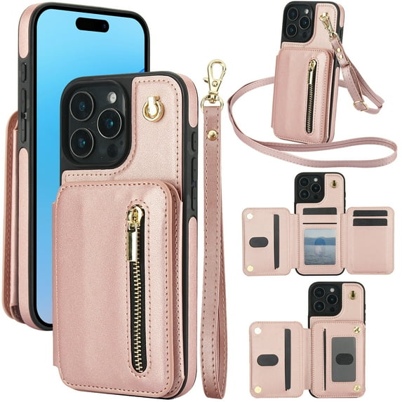 Crossbody Strap Wallet Case PU Leather with Card Holder Kickstand Magnetic Closure Flip Zipper Purse Adjustable Shoulder & Wrist Strap Drop Protective Back Case for iPhone 16 Pro - Rosegold