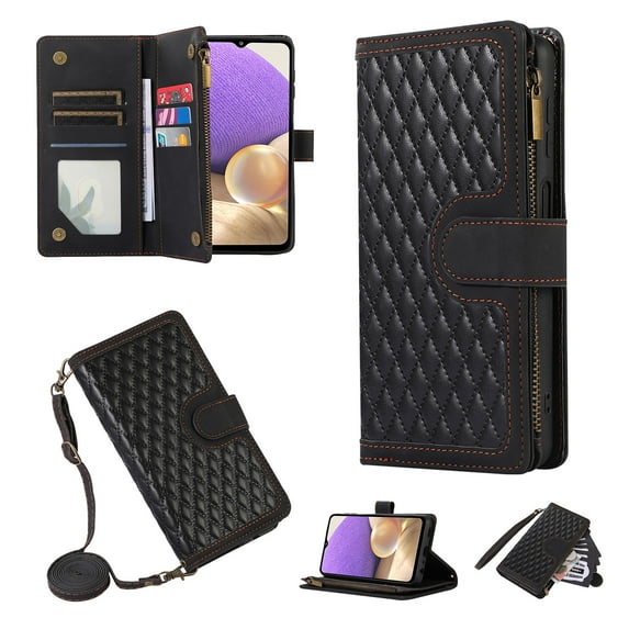 Crossbody Strap Wallet Case for Samsung Galaxy A15, PU Leather Case with Lanyard Strap Wristlet Zipper Card Holder Anti-shock Anti-fall Kickstand Flip Case Cover for A15, Black