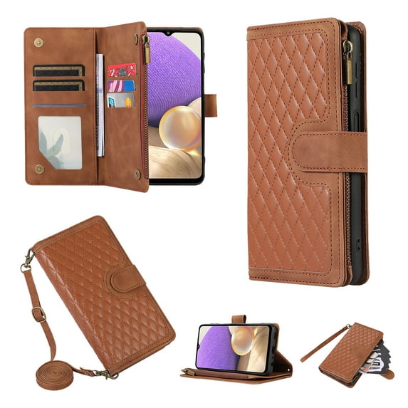 Crossbody Strap Wallet Case for Samsung Galaxy A25 5G, PU Leather Case with Lanyard Strap Wristlet Zipper Card Holder Anti-shock Anti-fall Kickstand Flip Case Cover for A25 5G, Brown