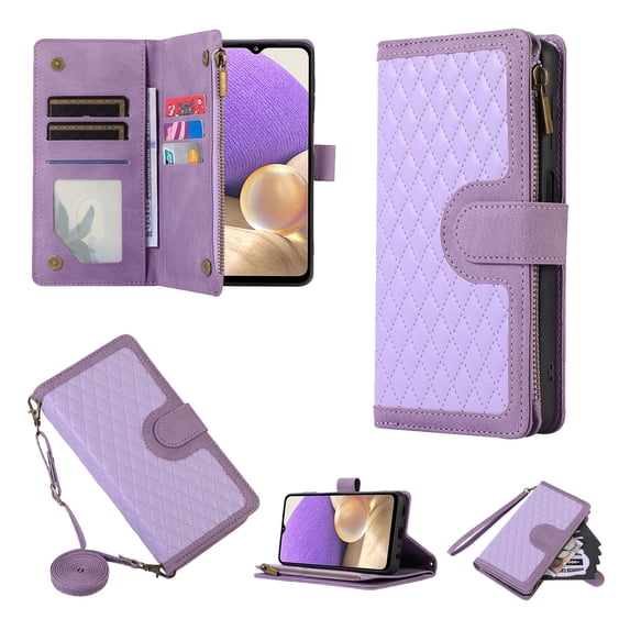 Crossbody Strap Wallet Case for Samsung Galaxy A53 5G, PU Leather Case with Lanyard Strap Wristlet Zipper Card Holder Anti-shock Anti-fall Kickstand Flip Case Cover for A53 5G, Purple